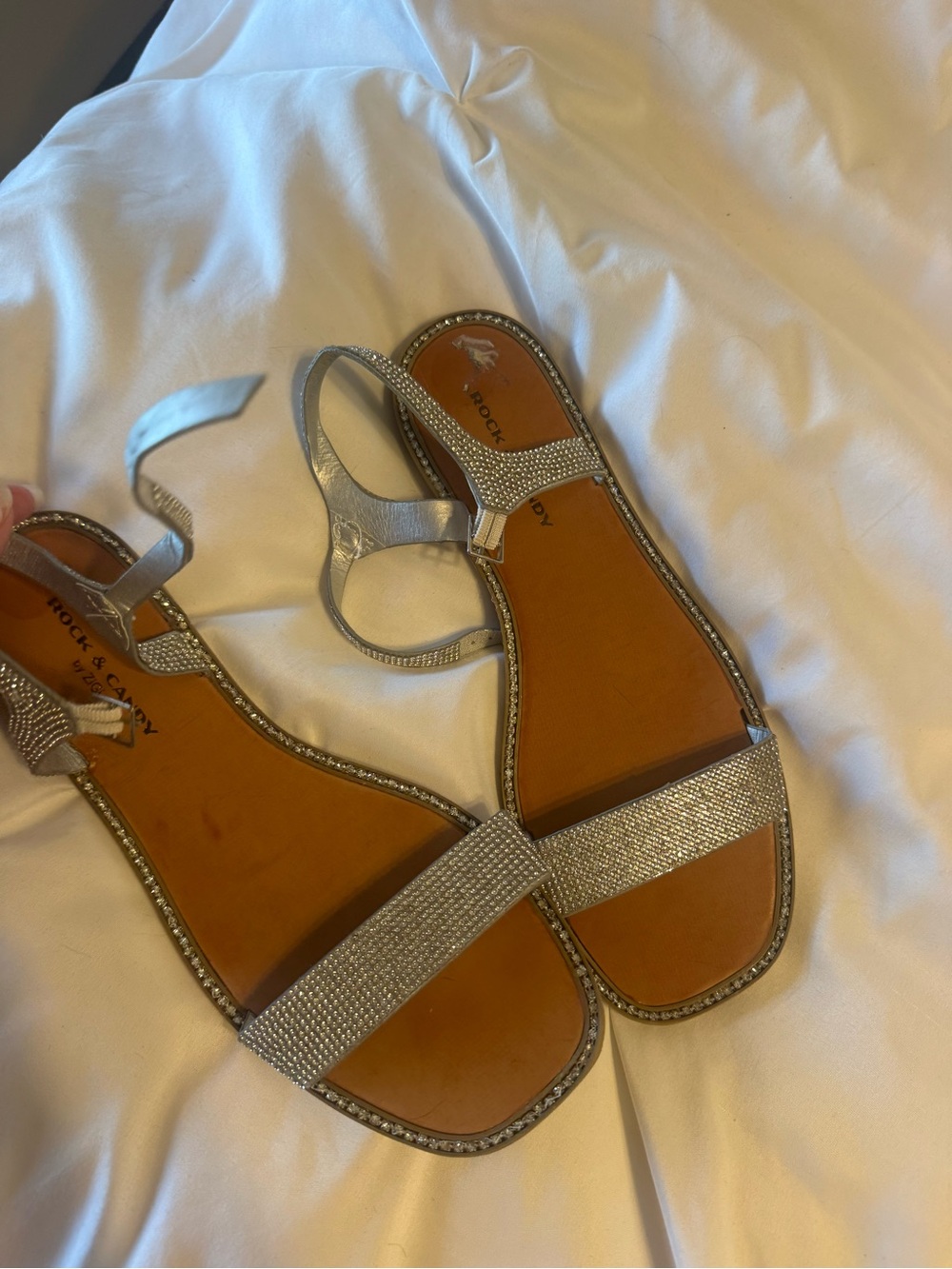 Rock & Candy Silver Rhinestone Open-Toe Flat Sandals